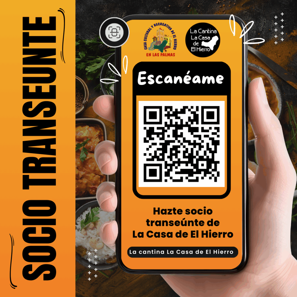 Imagen promocional de La Casa de El Hierro, mostrando un teléfono móvil con un código QR. El texto invita a hacerse socio transeúnte de la cantina. Fondo con platos típicos de la gastronomía canaria.